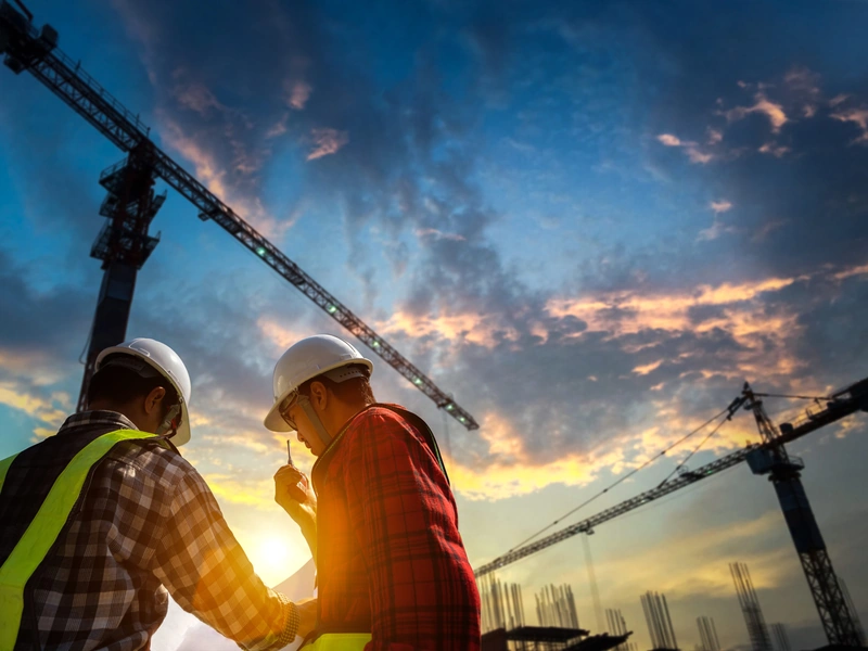 Dos trabajadores de la construcción con cascos y chalecos reflectantes.