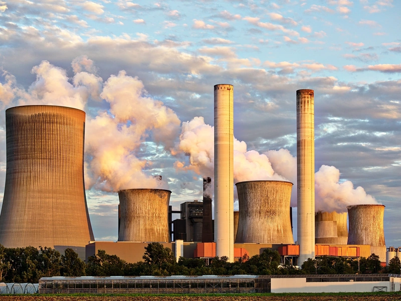 Central eléctrica industrial con múltiples torres de refrigeración que emiten vapor, frente a un cielo nublado.