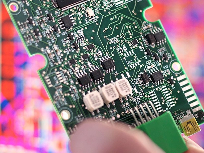 Primer plano de una placa de circuito verde con varios componentes electrónicos.