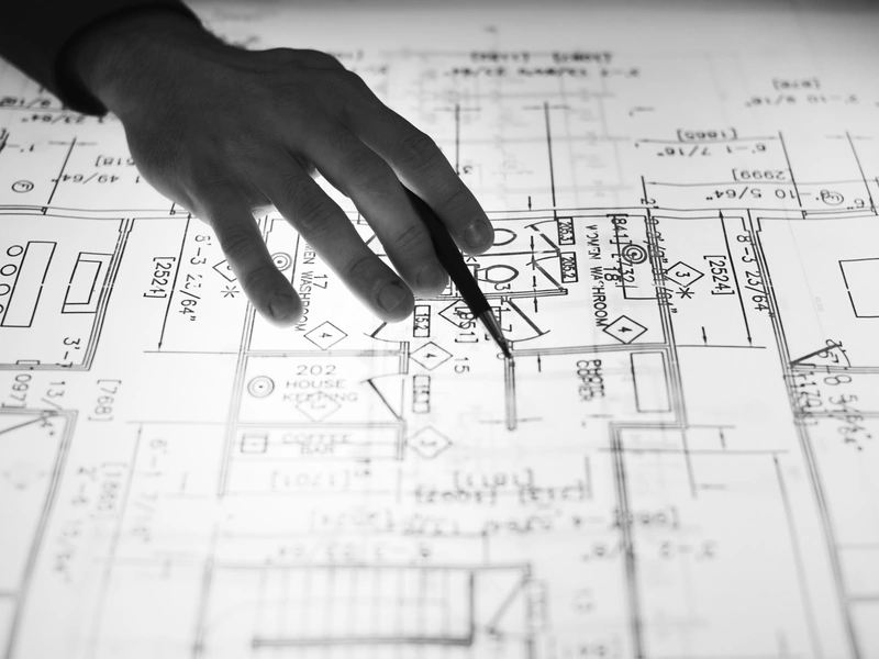 Con la mano sostiene un bolígrafo que señala los detalles de un plano técnico.