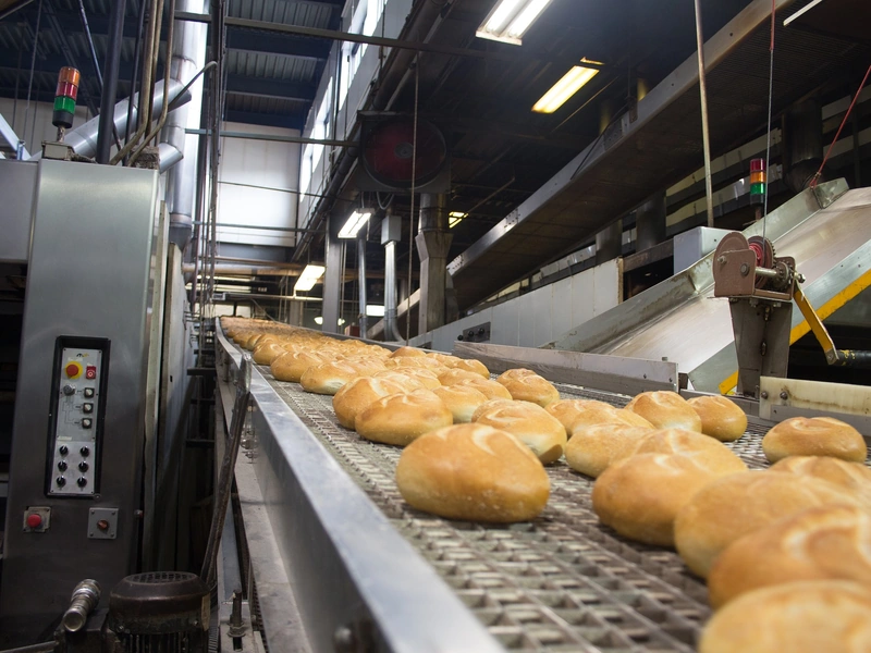 Filas de panecillos recién horneados en una cinta transportadora en un entorno de panadería industrial.