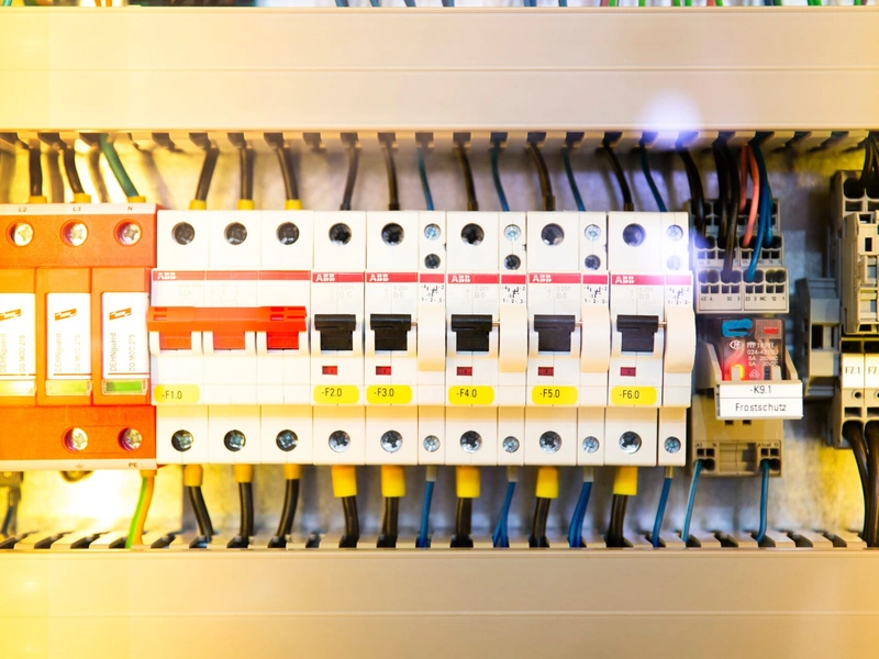 Primer plano de un panel de disyuntores eléctricos