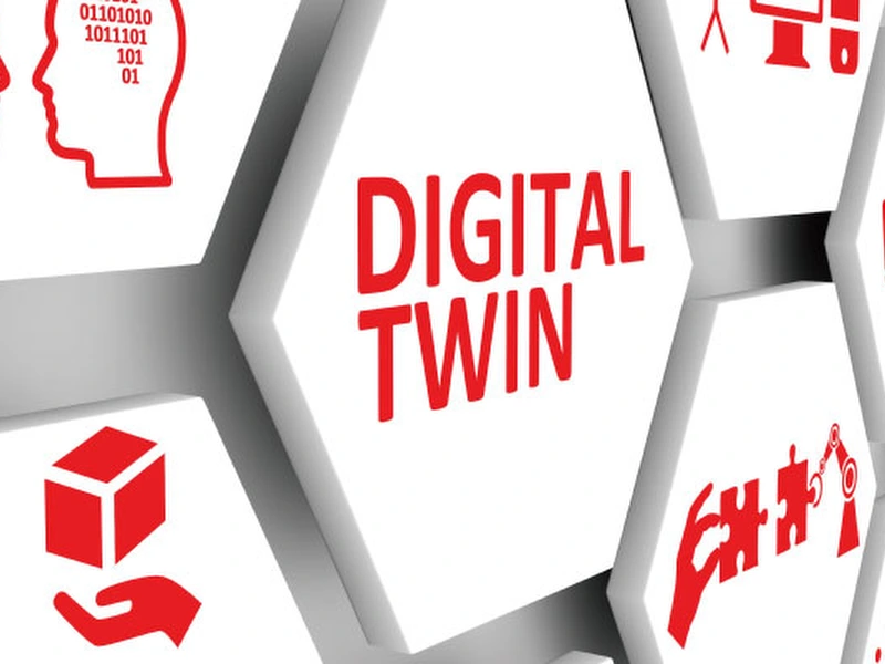Hexagon interface with red icons for the concept of digital twin tech