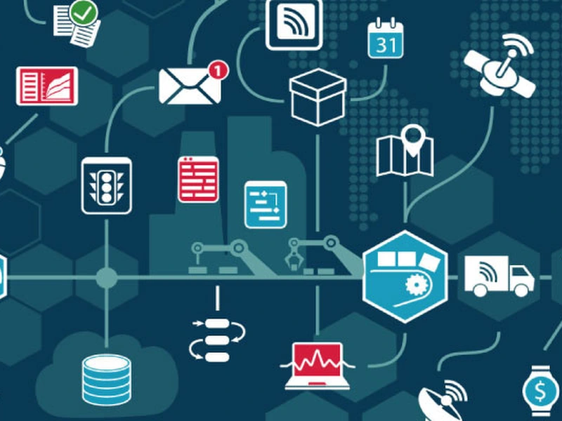 Illustration of connected edge devices and logistics icons in a global network
