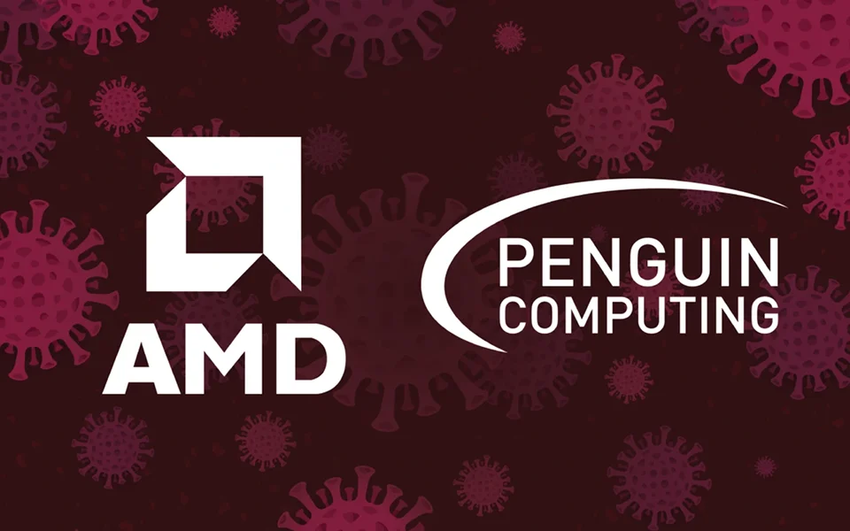 AMD 和企鵝解決方案標誌代表病毒研究合作夥伴關係。