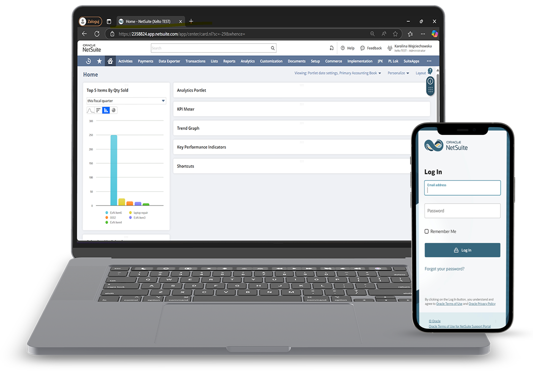 Laptop with a NetSuite dashboard showing sales data and an adjacent mobile phone displaying the NetSuite log-in screen.