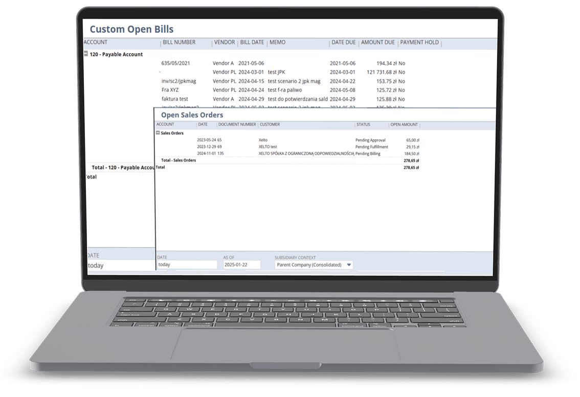 Laptop wyświetlający niestandardowe otwarte faktury i otwarte zlecenia sprzedaży z danymi rachunku, dostawcy, datą, kwotą i statusem.