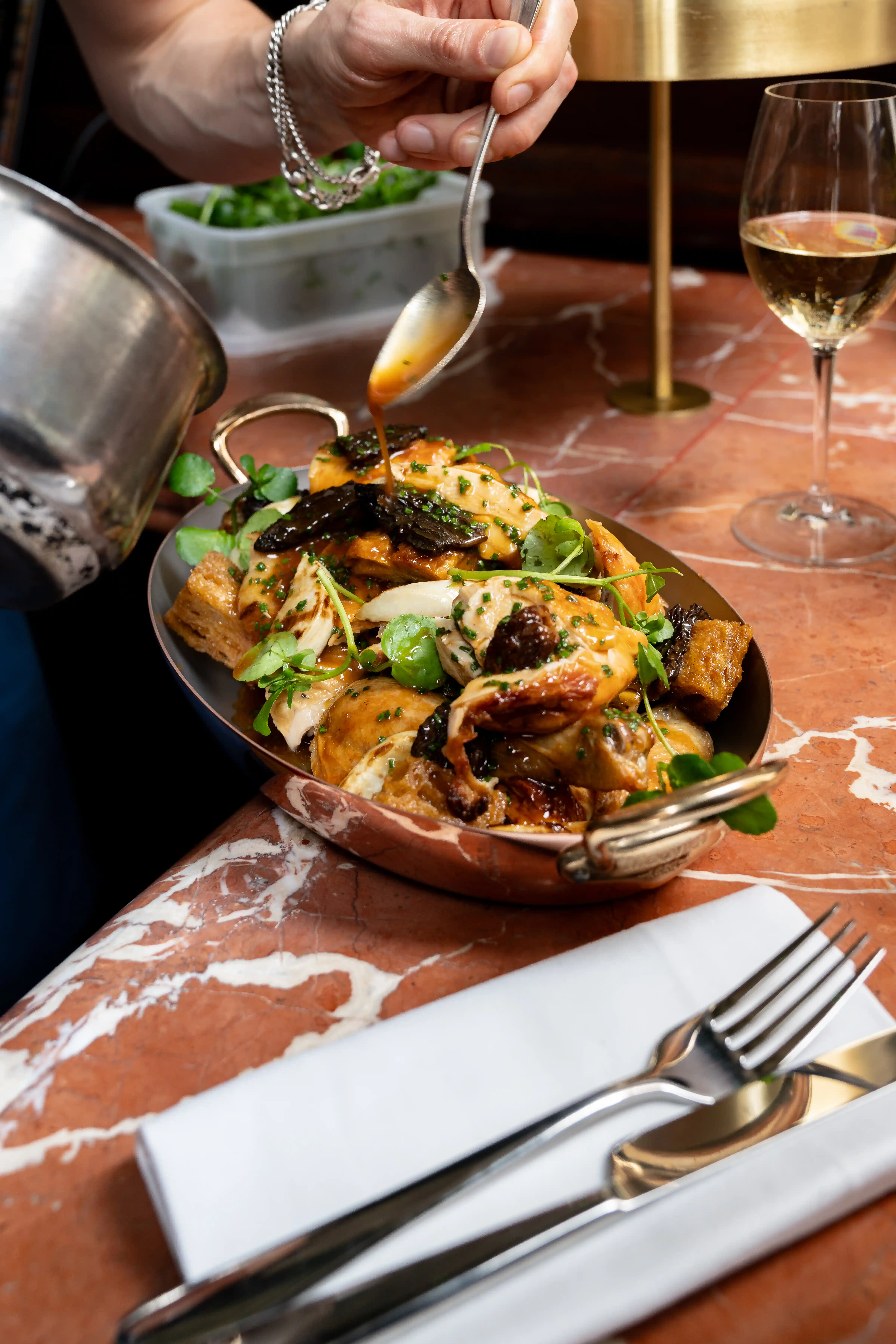 Gourmet meal with fries and wine - Henri Restaurant Henrietta Hotel