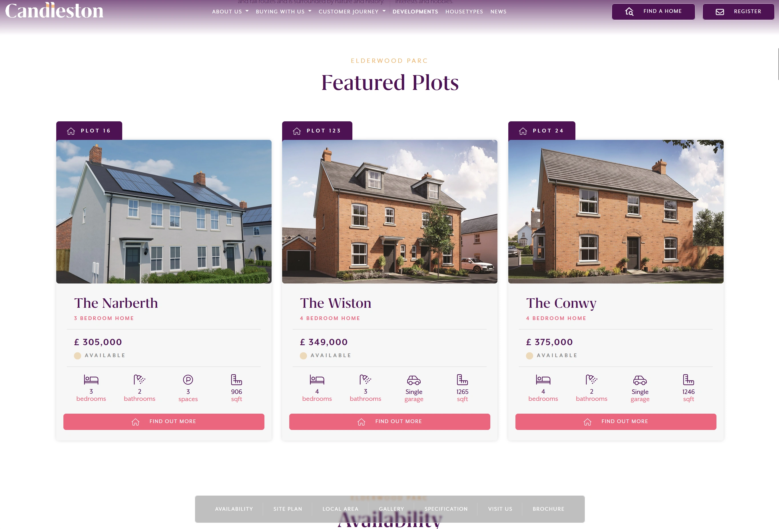 Screenshot of the Candleston Homes Elderwood Parc website section, showing featured plots: The Narberth, The Wiston, and The Conwy house types with key details and pricing.