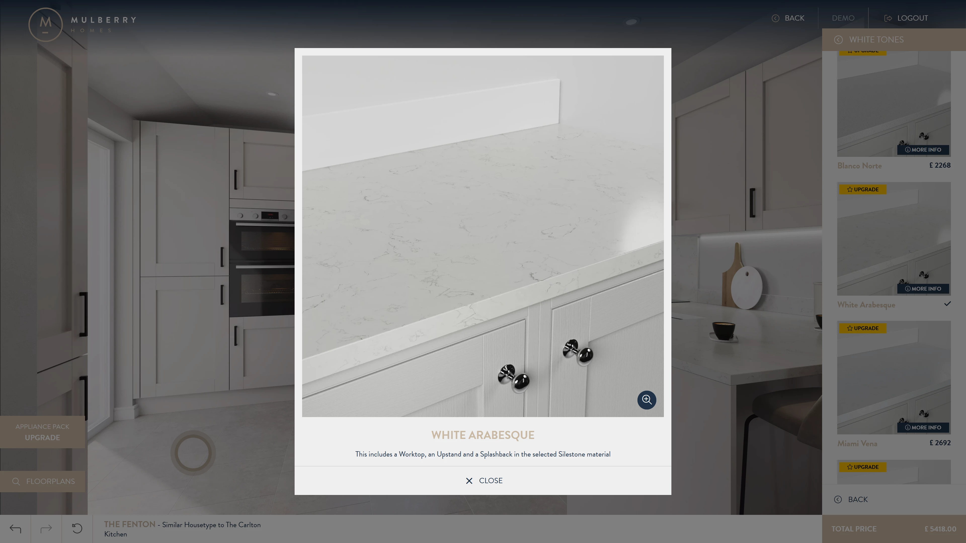 Mulberry Homes configurator screenshot showing a close-up detail pop-up for the 'White Arabesque' Silestone worktop and splashback choice.