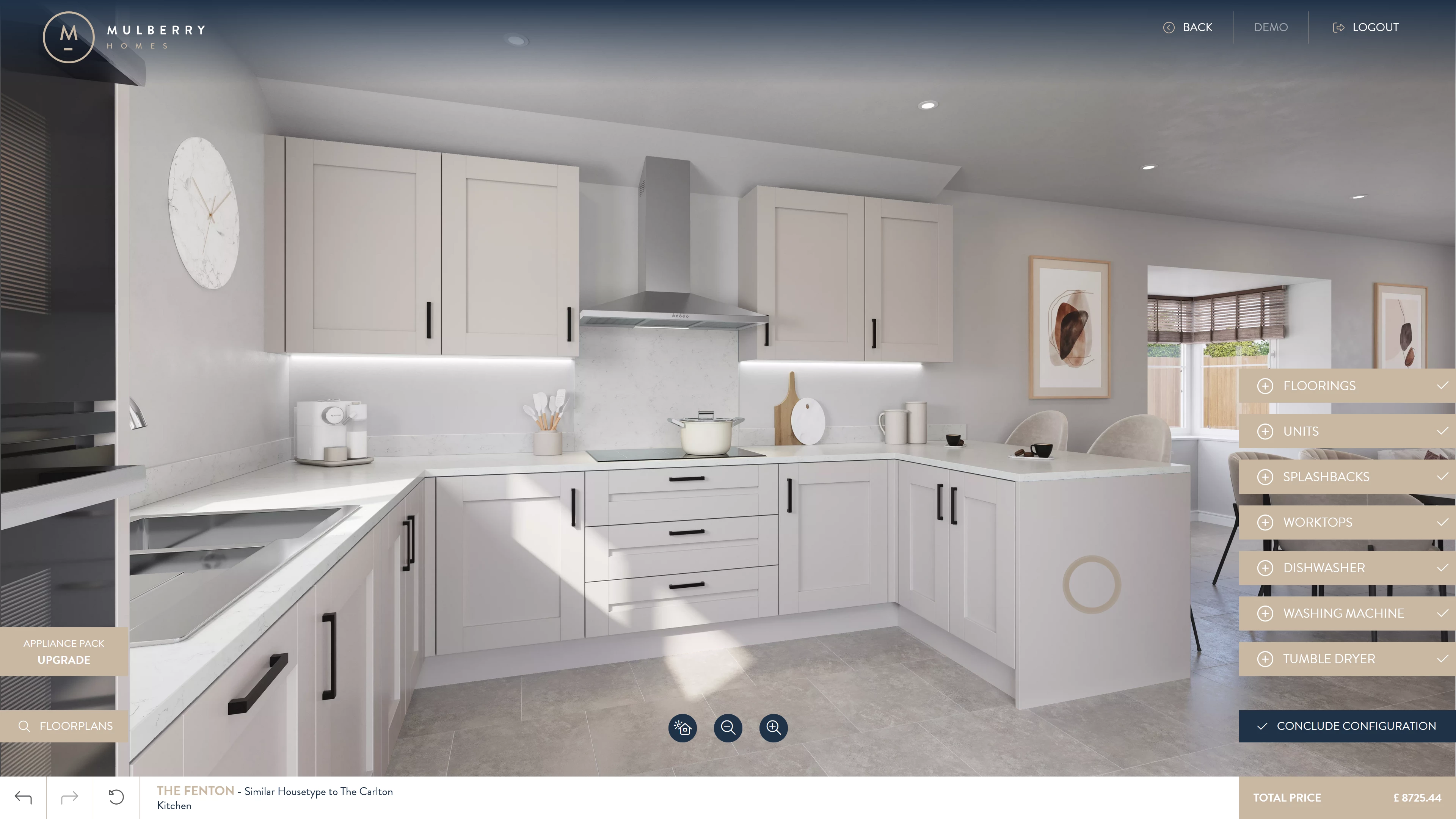 Screenshot of the Mulberry Homes configurator tool showing a digital rendering of The Fenton kitchen, featuring U-shaped cabinets, a stainless steel extractor hood, and a window above the counter.