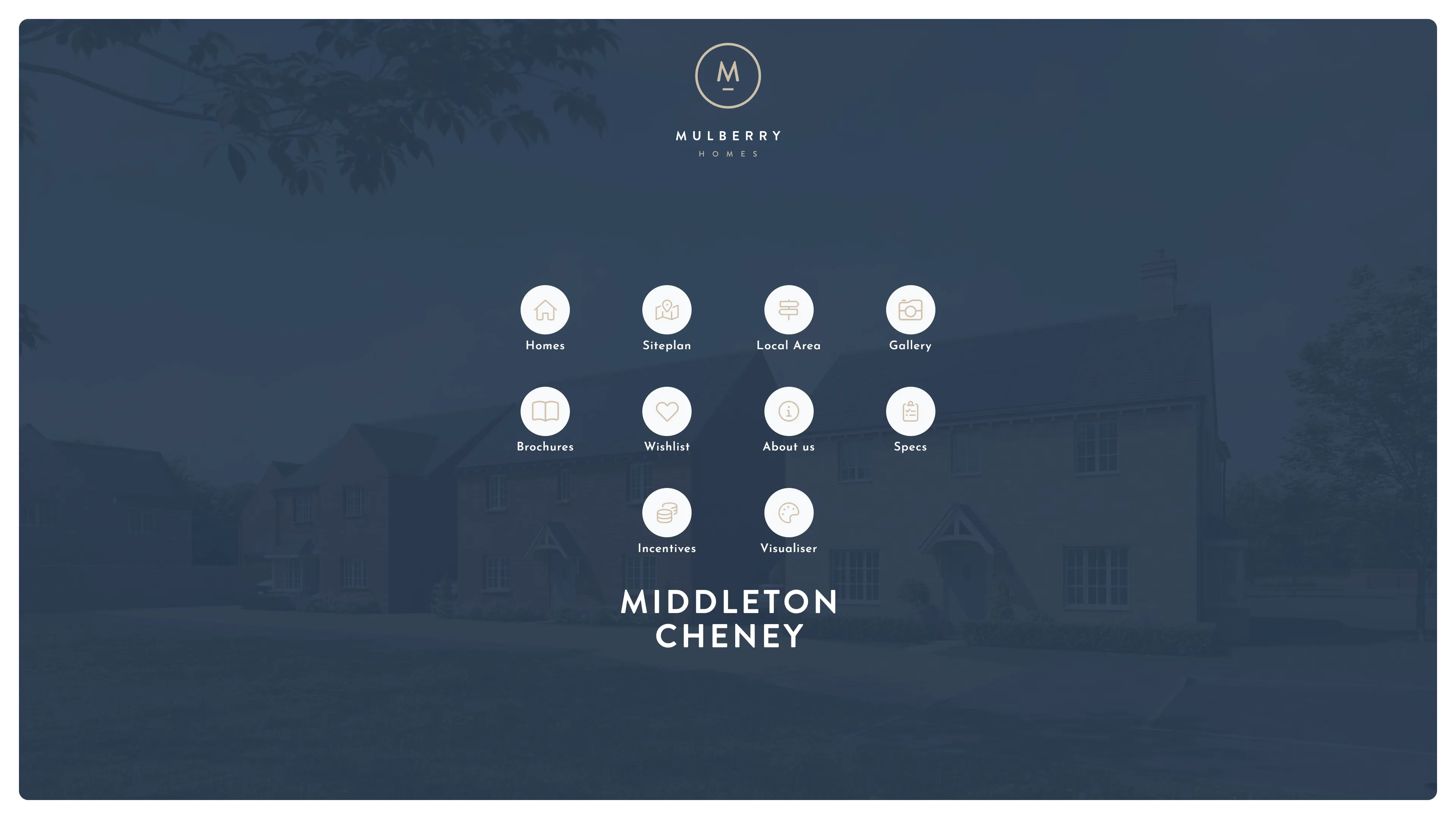 Main menu screen for the Mulberry Homes Middleton Cheney development, showing navigation icons for Homes, Siteplan, Local Area, Gallery, Brochures, Wishlist, About Us, Specs, Incentives, and Visualiser.
