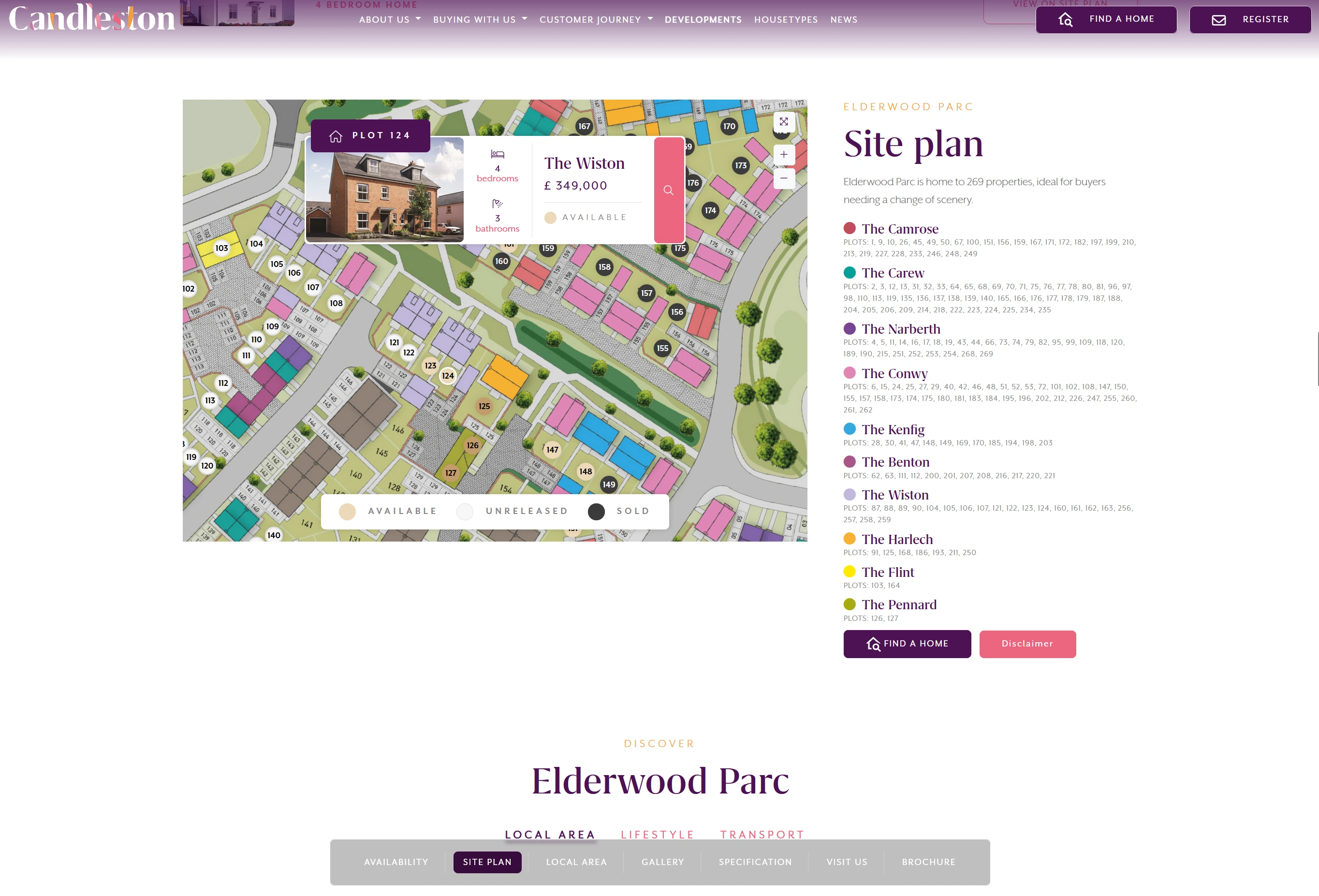 Screenshot of the Candleston Homes Elderwood Parc site plan, showing an interactive map of the plots and a detail pop-up for The Wiston house type.