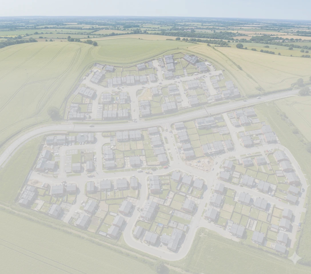 Faded aerial view of a new residential housing development surrounded by countryside