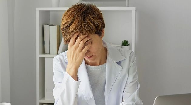 Frau in weißem Arztkittel sitzt mit Hand am Kopf und wirkt gestresst in einem Büro.