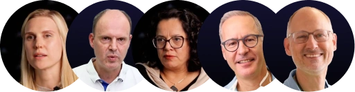 Porträts von fünf Ärzten, drei Männer und zwei Frauen, vor dunkelblauem Hintergrund.