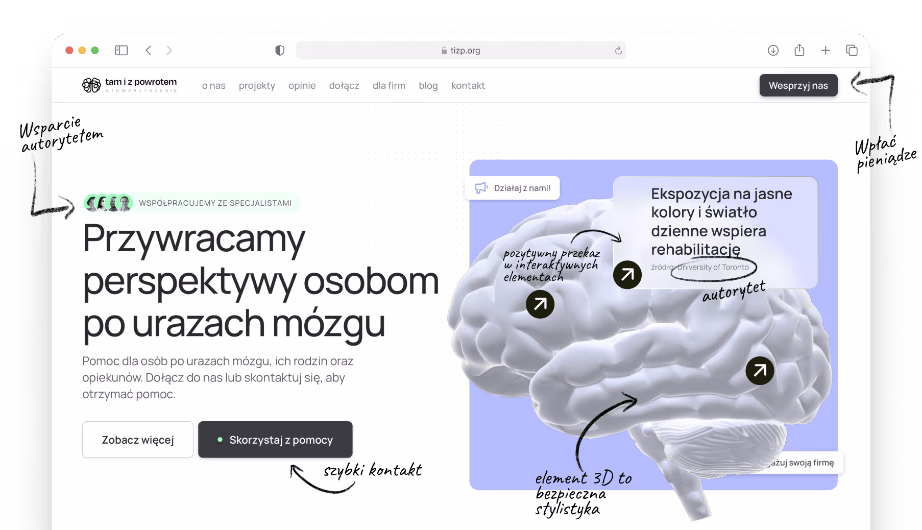 Strona główna stowarzyszenia, na której odręcznym pismem wyjaśniono decyzje projektowe i uargumentowano elementy