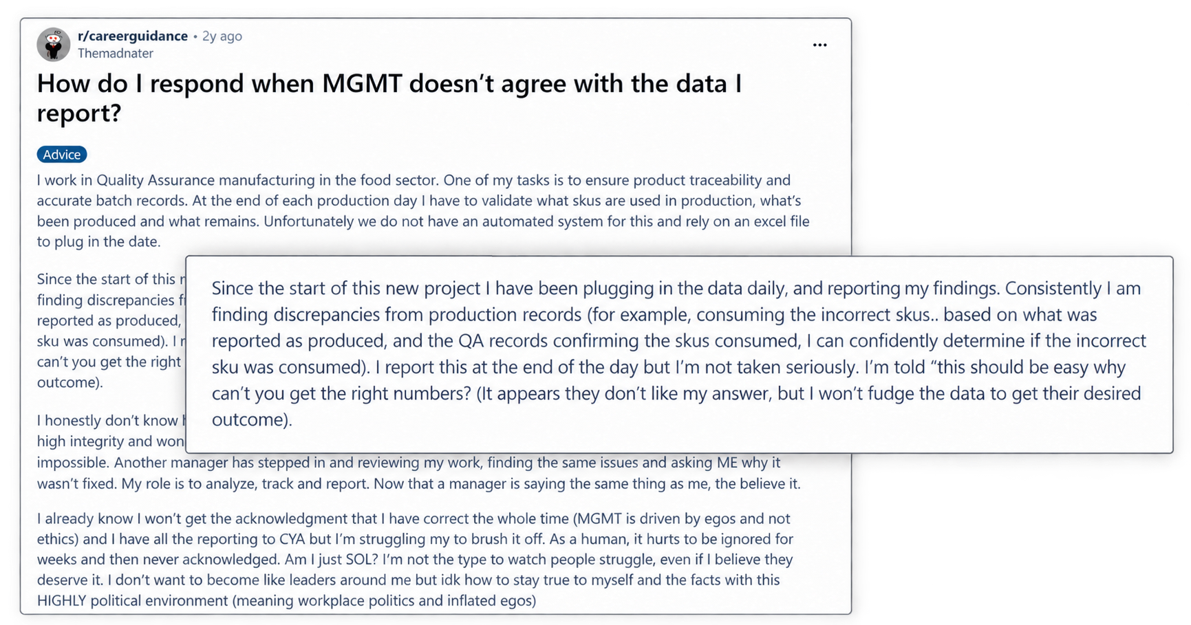QA worker’s Reddit post about production data discrepancies