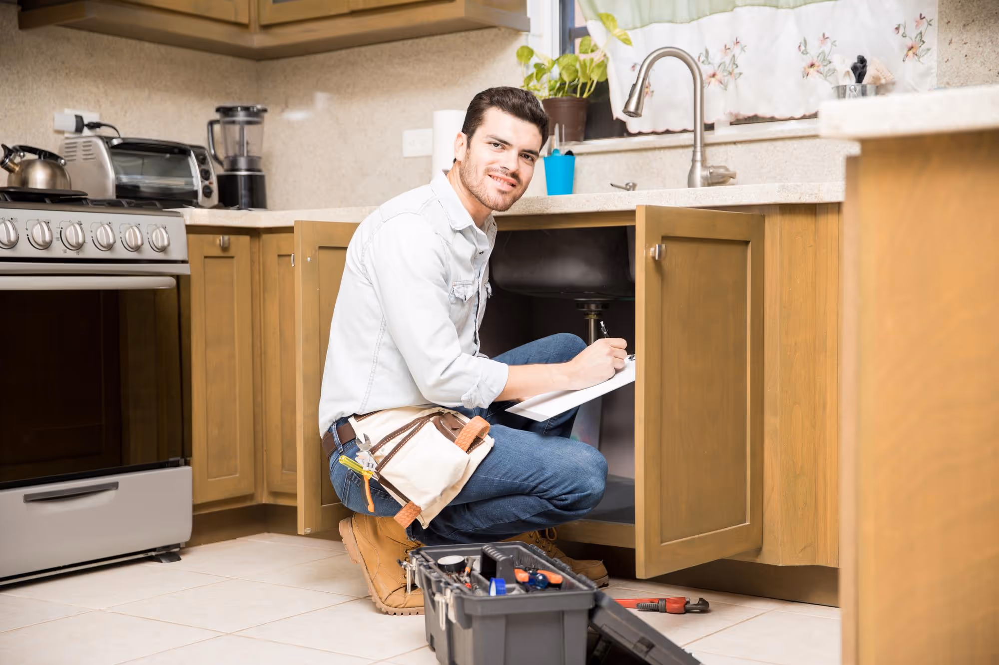 A man in overalls writes on a clipboard while standing beside a sink, focused on his task.