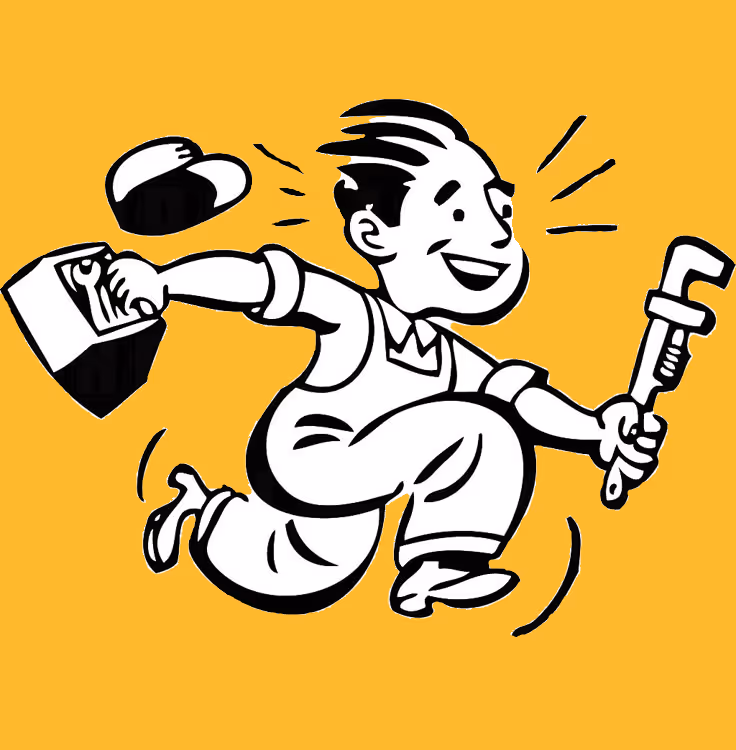 Cartoon handyman jumping joyfully holding a wrench in one hand and a toolbox in the other, with a yellow background.