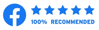 Facebook logo with five blue stars and text reading 100% recommended.