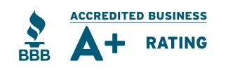 Better Business Bureau logo with text Accredited Business A+ Rating.