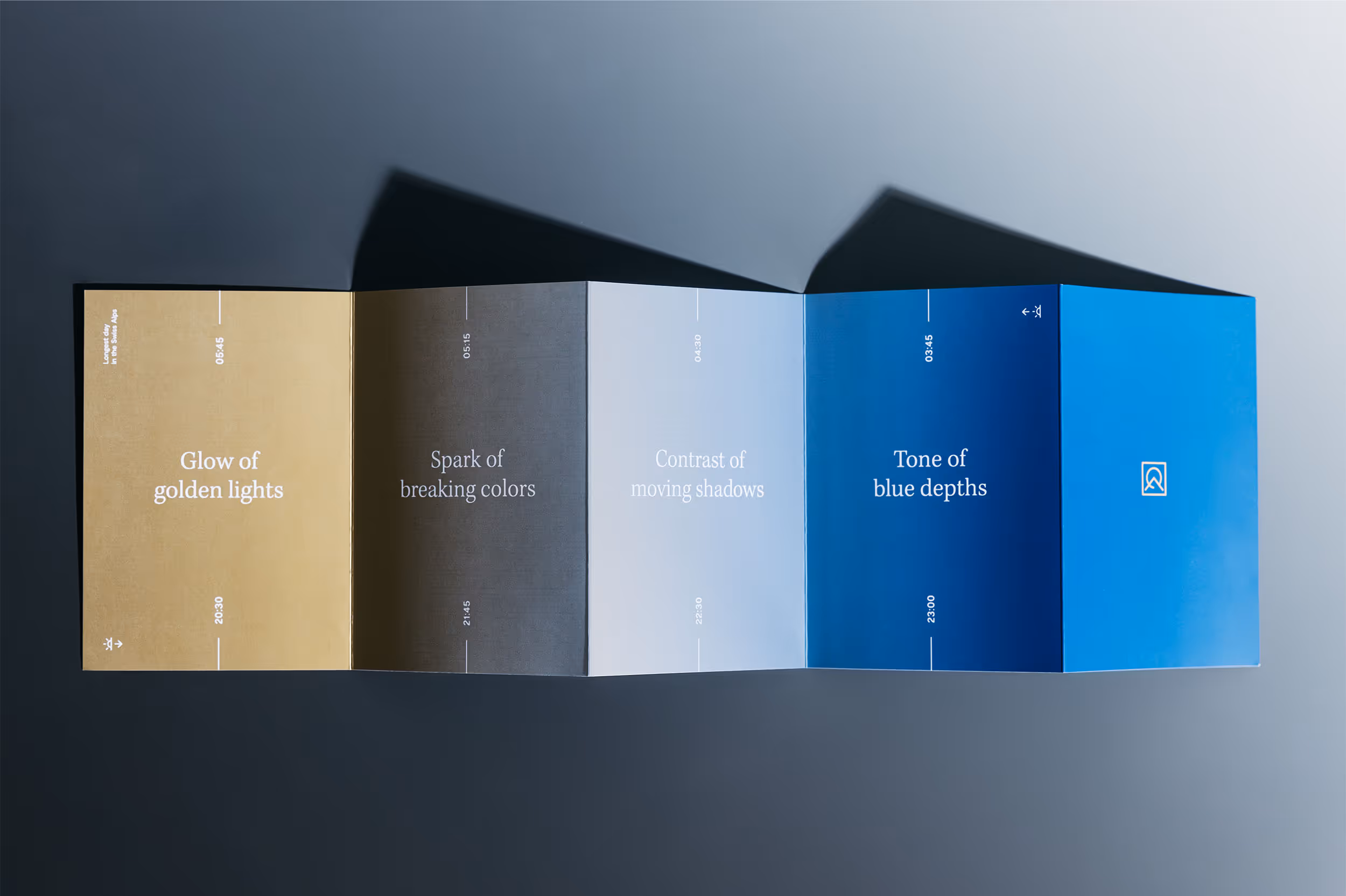 Mit Verlauf von Gold zu Blau bedruckter Zickzackflyer für Kai Grossmann Photography, aufgefächert liegend auf grauem Verlaufshintergrund