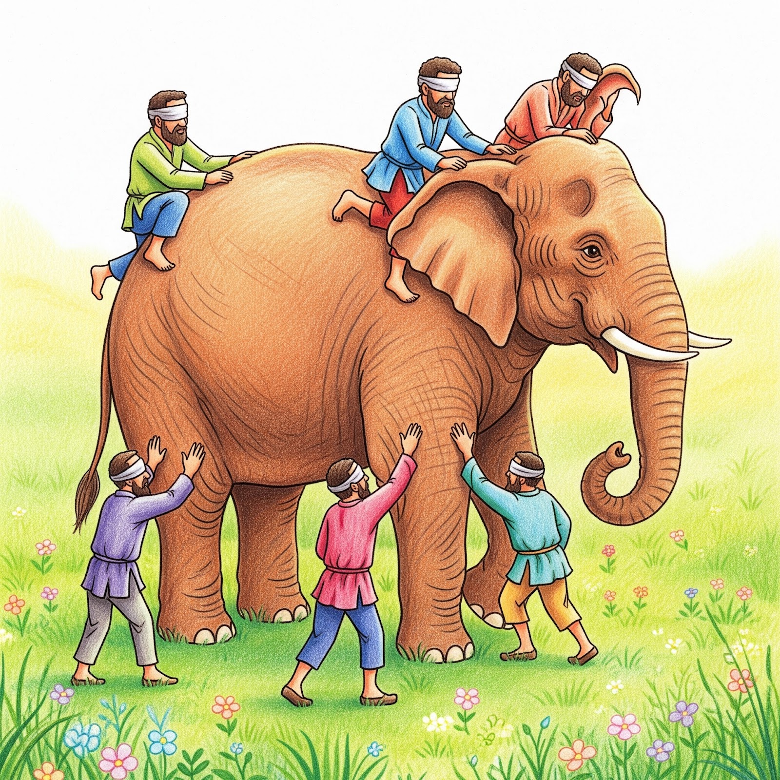 Generate an image based on the "Blind men and the elephant" story