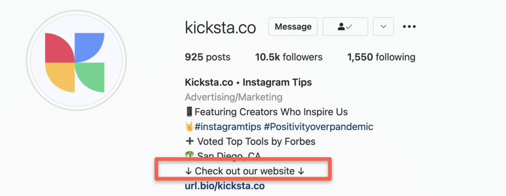 kicksta's instagram bio with a call-to-action