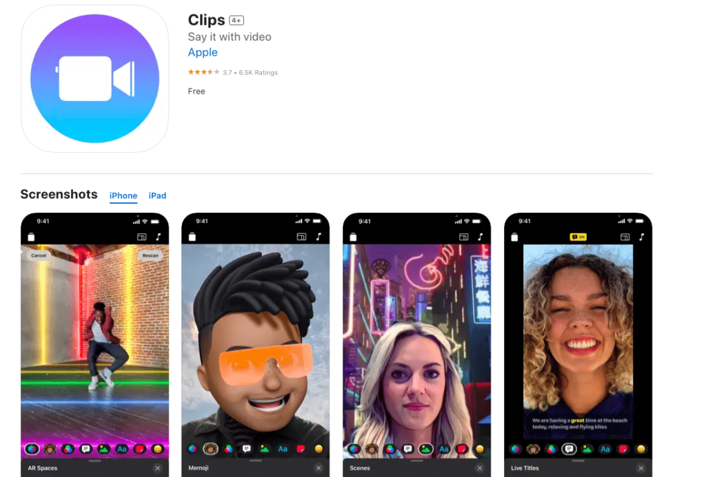 Clips predownloaded editing app with iPhone or iPad