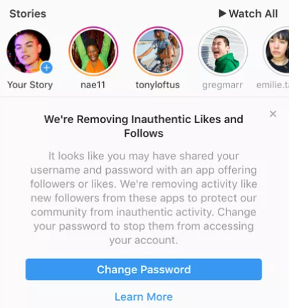 instagrams message for removing inauthentic likes