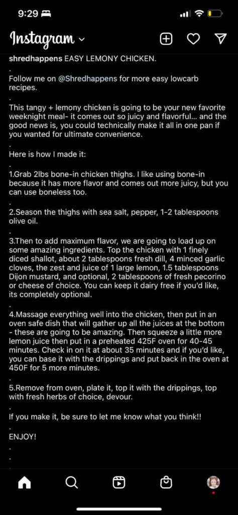 screenshot of easy lemony chicken recipe on instagram by @shredhappens
