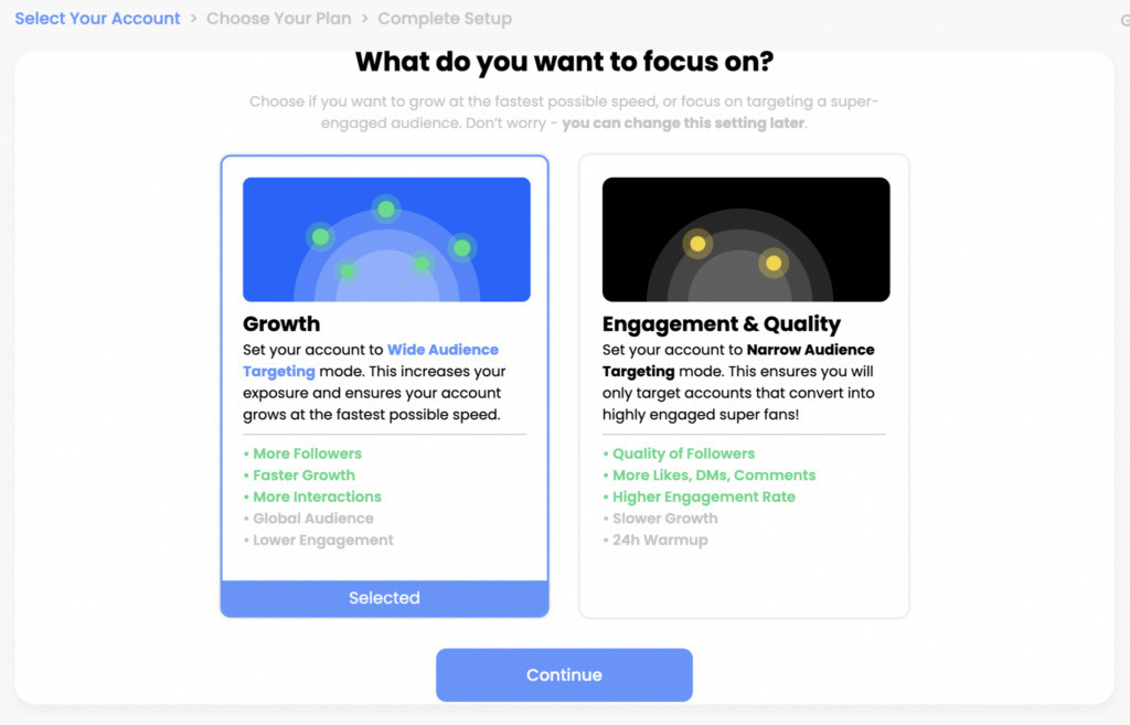 kicksta sign-up choose your focus