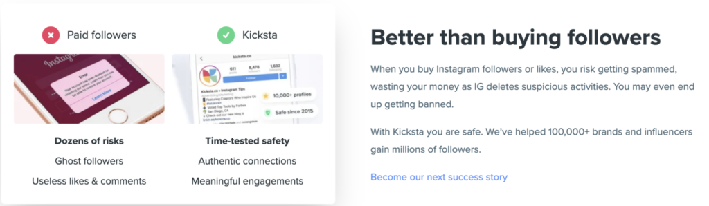 kicksta homepage better than buying followers