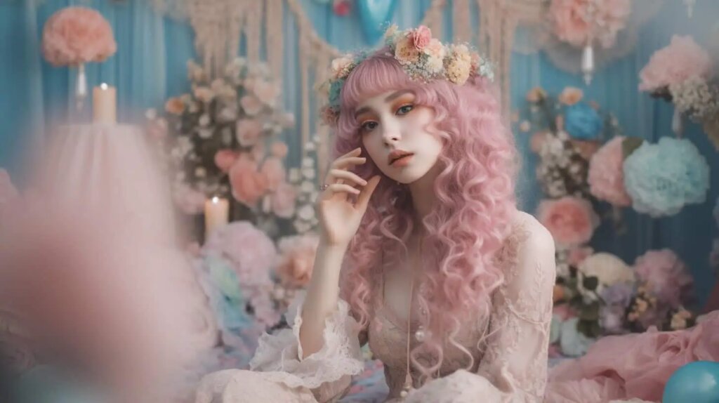 coquette girl with pink wavy hair