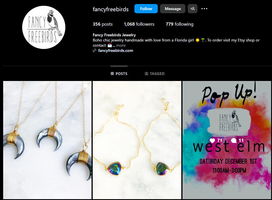 sell jewelry using instagram - fancyfreebirds