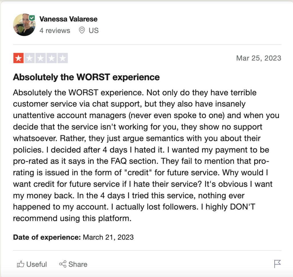 flock social review on trustpilot by vanessa valarese