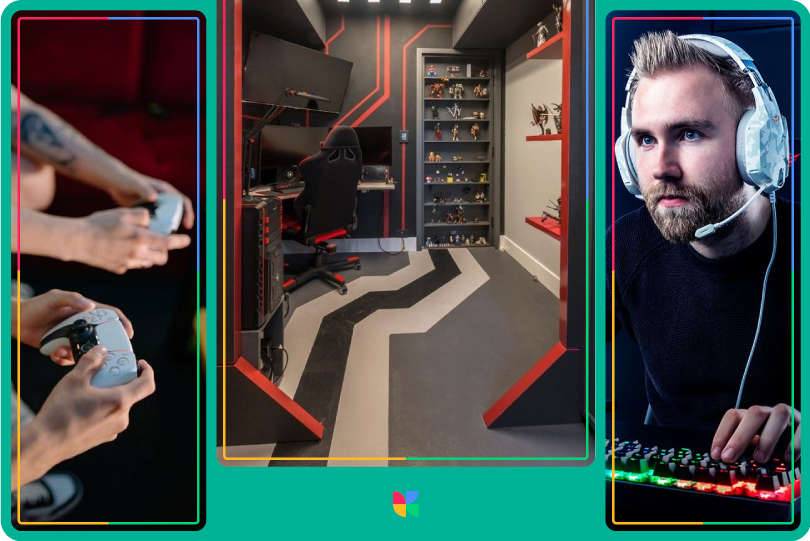 gaming room, controllers and a boy with his headphones