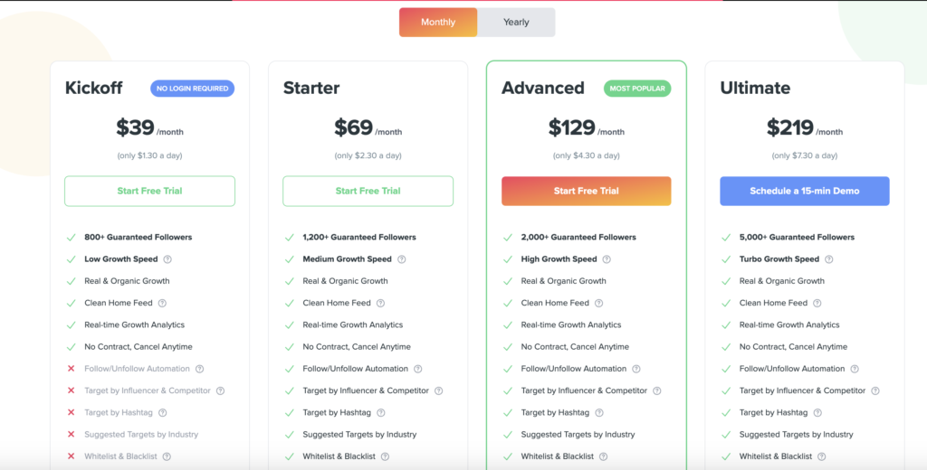 Kicksta Pricing tiers