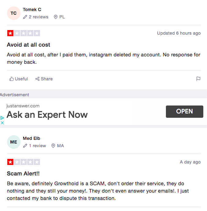 TrustPilot reviews examples for Growthoid