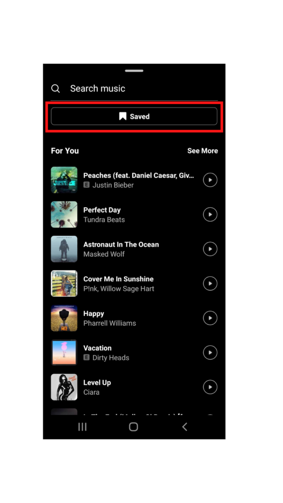 Screenshot of saving songs on Instagram