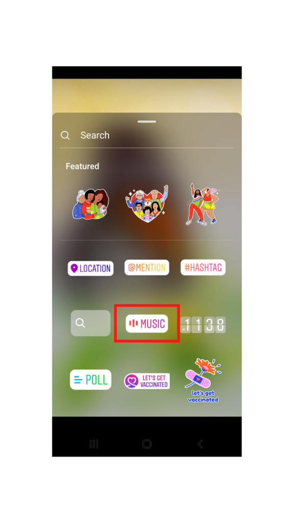 Screenshot of Instagram selecting Music button