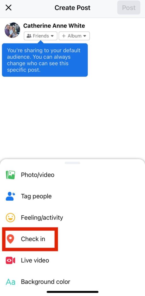check in screenshot for facebook