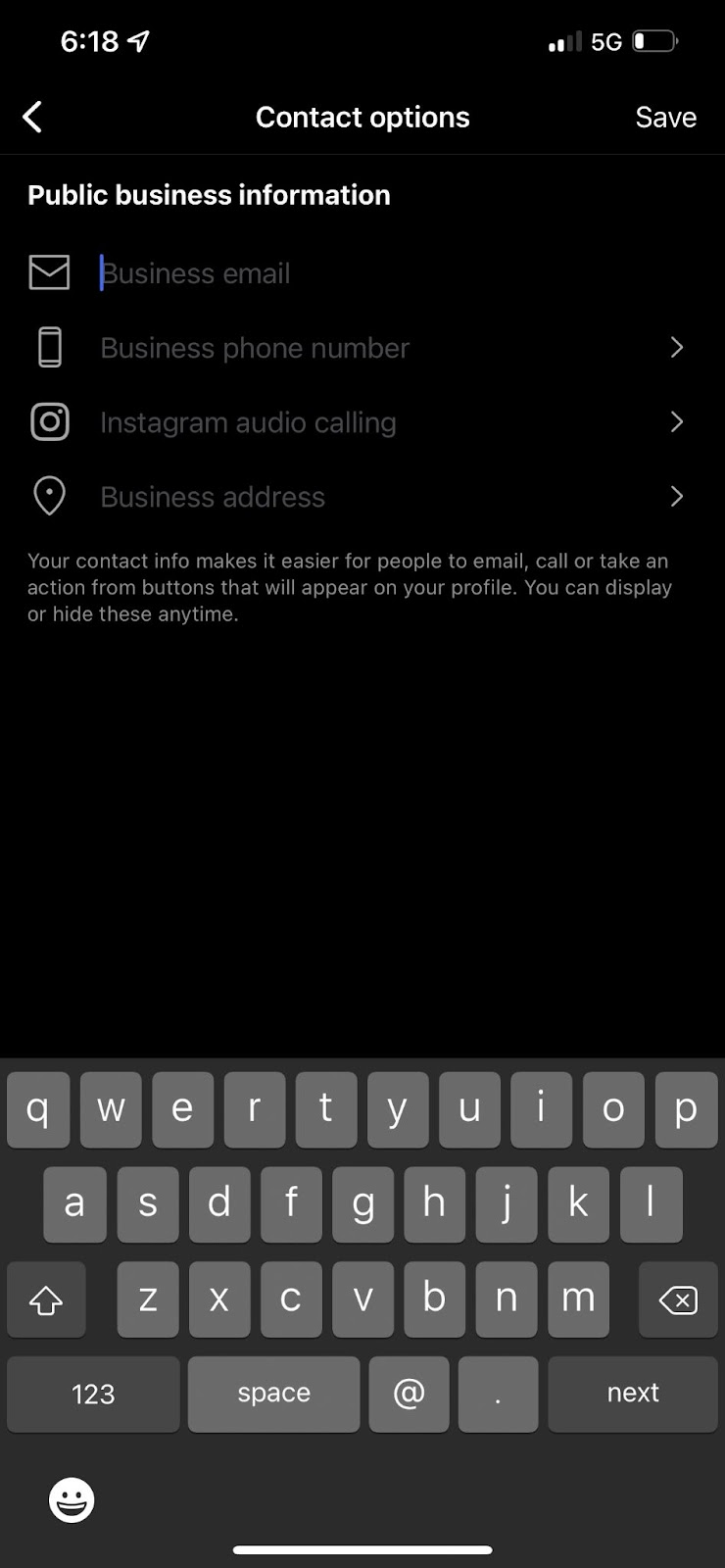 Instagram bio contact option screenshot