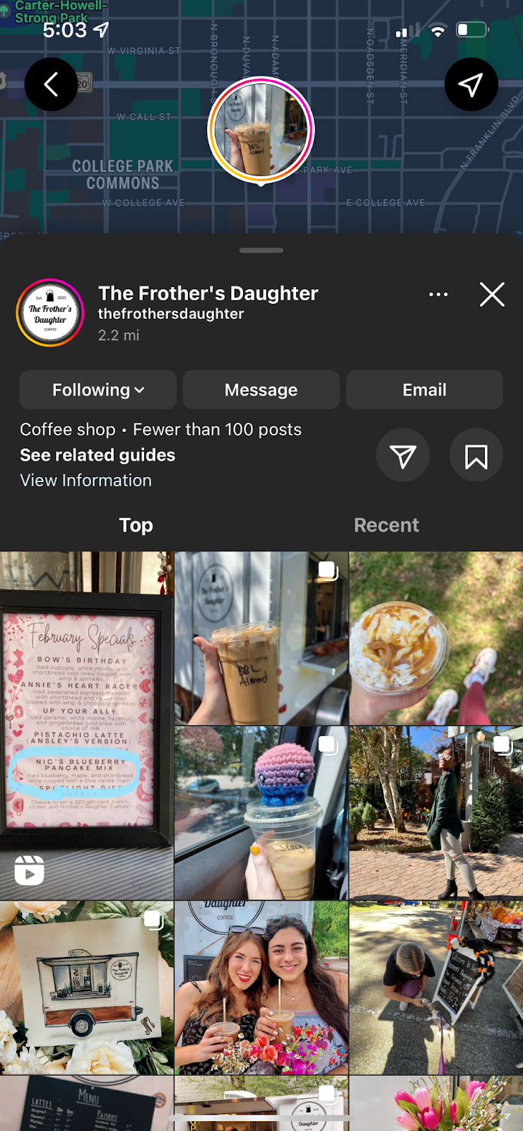 the frother's daughter location tag screenshot on intagram