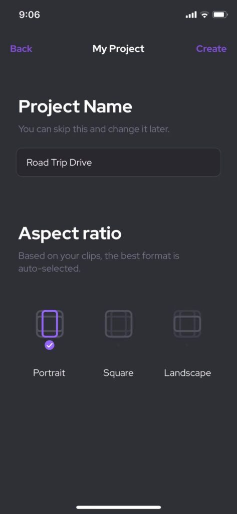 BackgroundMusic app's project name and aspect ratio page