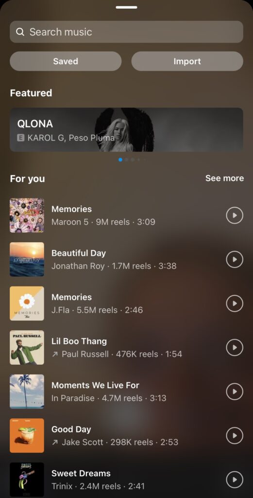 screenshot of instagram music playlist