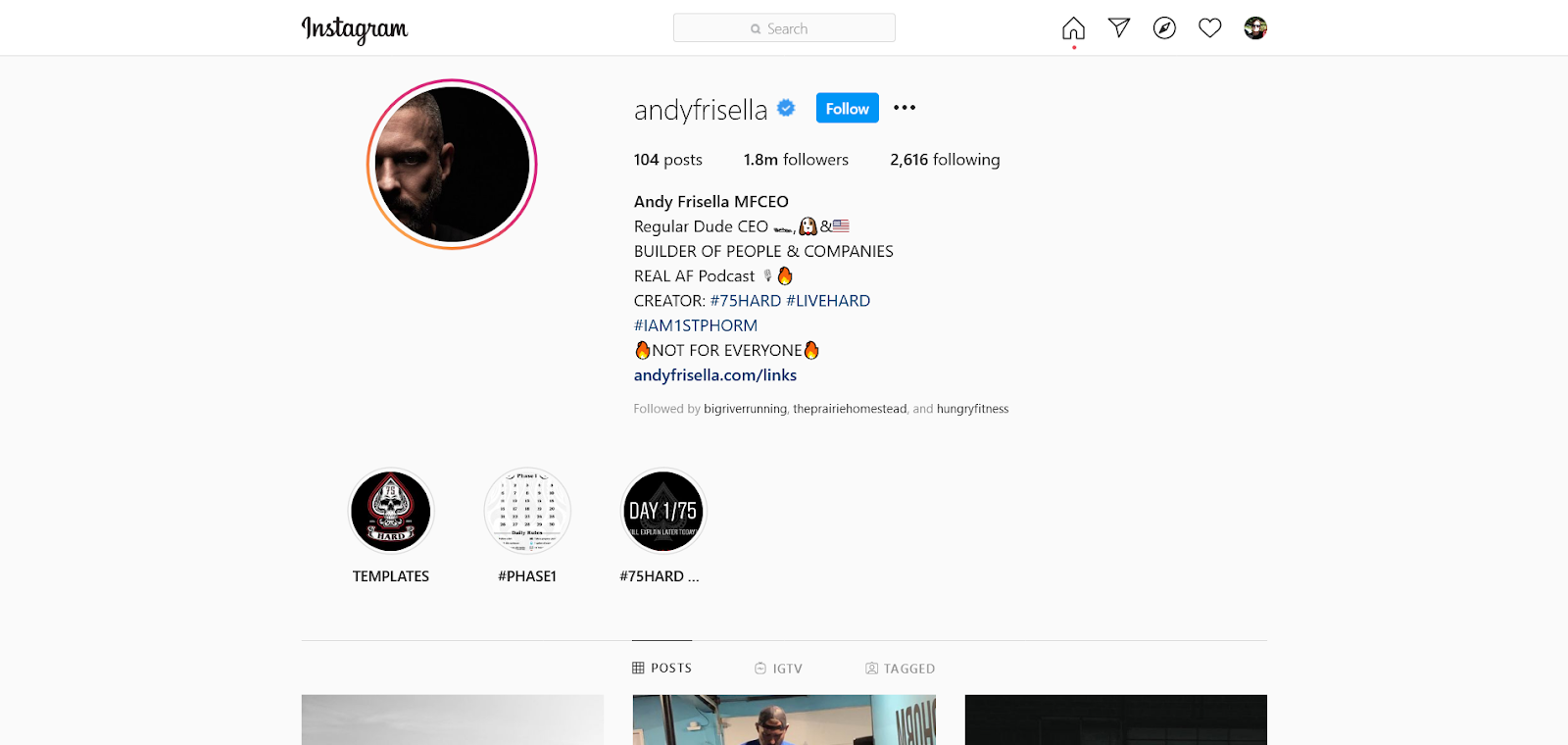 Andy Frisella instagram account using hashtags in bio
