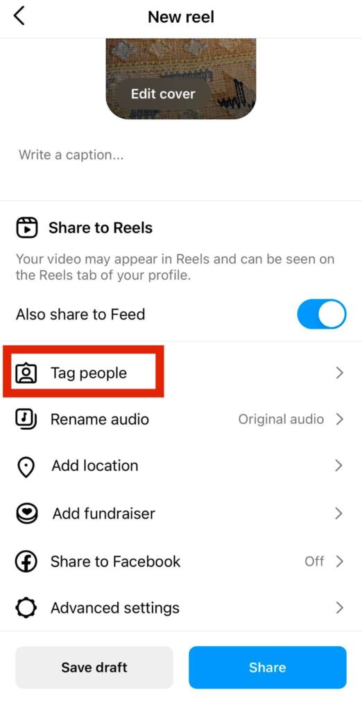 screenshot showing how to tag people or creators when sharing a reel