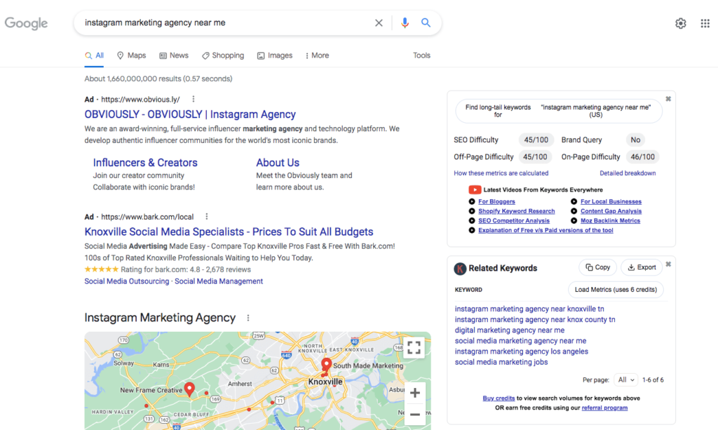 screenshot of Google instagram marketing agency location search